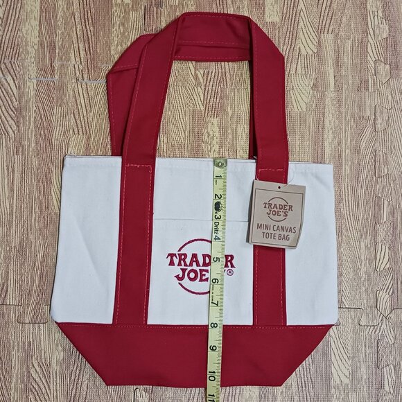 Trader Joe's Mini Canvas Tote Bag Cream Red Embroidery - Picture 3 of 4